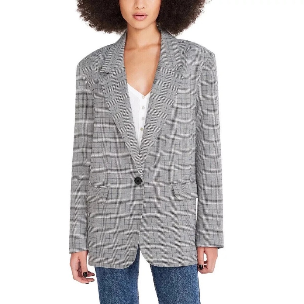Steve Madden Plaid Blazer S/P Grey Windowpane Tailored Career Oversized Jacket
